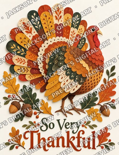 Paper Turkey: A folk-art paper-cut turkey with a fan of patterned autumn feathers among oak leaves and acorns, with "So Very Thankful" lettering.
