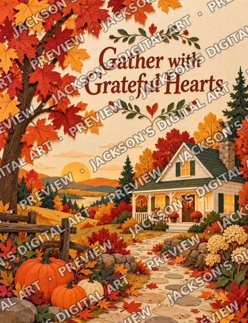 Gather with Grateful Hearts: A paper-cut autumn farmhouse with glowing windows, maple trees and pumpkins at sunset, with "Gather with Grateful Hearts" lettering.