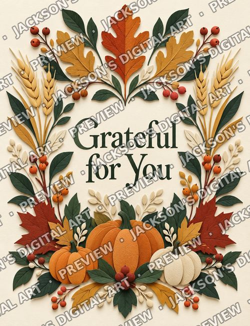 Grateful for You: A symmetrical paper-cut wreath of autumn leaves, wheat, berries and little pumpkins around "Grateful for You" lettering.