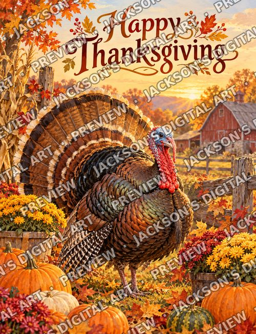 Thanksgiving Turkey: A handsome turkey with a fanned tail in an autumn farm garden full of pumpkins and chrysanthemums, with "Happy Thanksgiving" lettering.