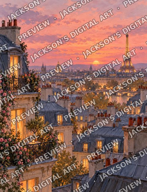 Paris Rooftops: Parisian rooftops and chimney pots at sunset, warm lit windows and climbing roses, with the Eiffel Tower on the skyline.