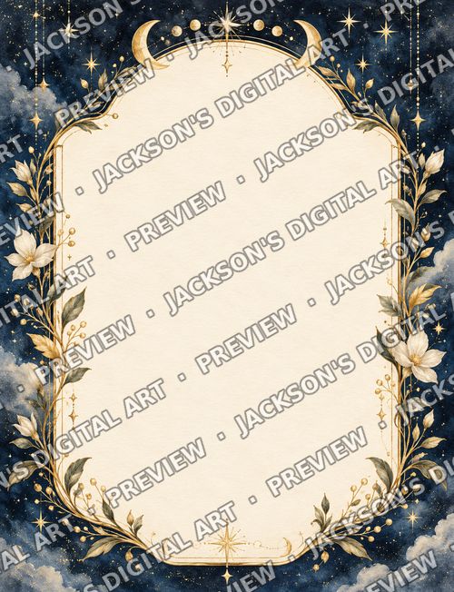 Celestial Gold Wedding Invitation: A blank wedding invitation background with a midnight-blue sky, golden stars and crescent moons around an ivory panel ready for your wording.